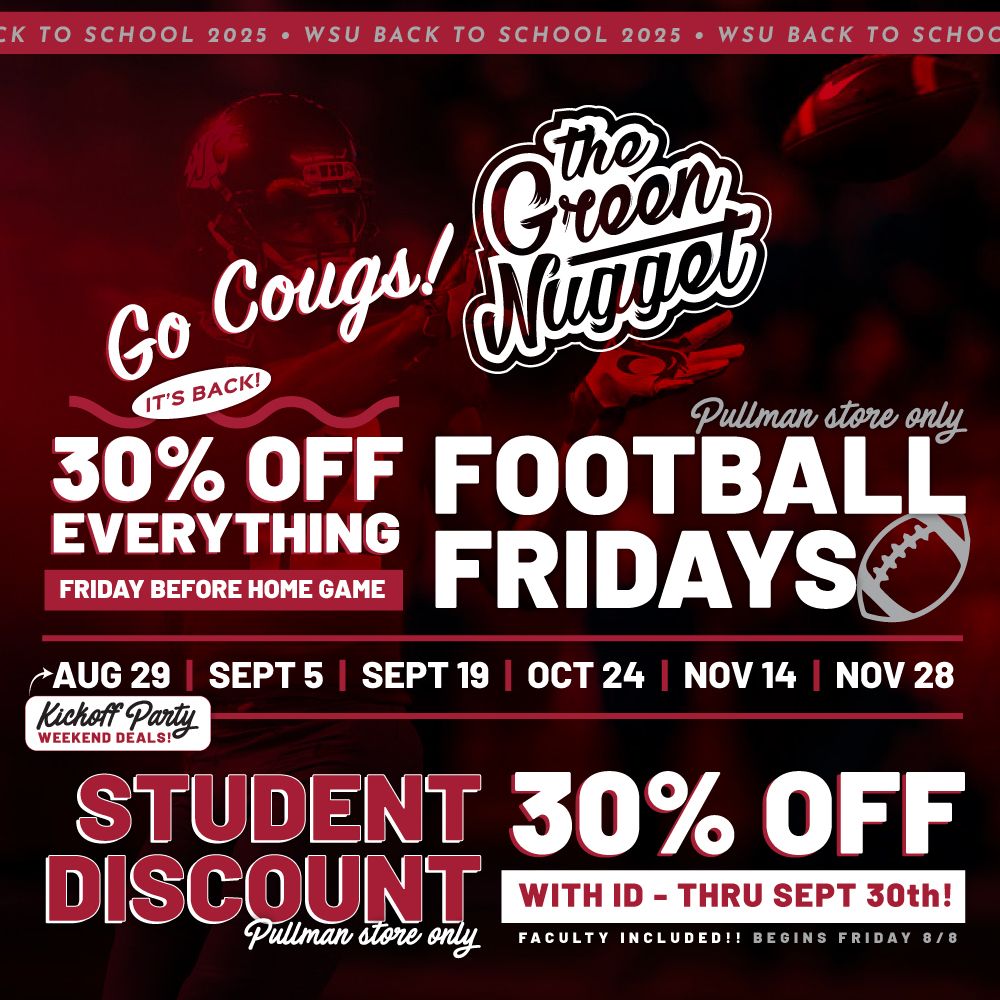 WSU Football Cougs Cougars Washington State University College Town Pullman University of Idaho Cannabis Dispensary Student Discount Marijuana Store Pot Shop Open Now Near Me THC CBD Hybrid Sativa Indica RSO Vape Disposable Live Resin Tailgate Party Kickoff Friday Football 