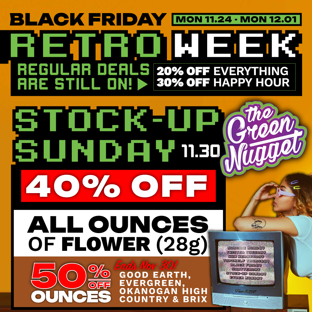 Stock Up Sunday Dispensary ounce deals flower marijuana store pot shop cannabis bud black friday cyber monday spokane pullman mead thc cbd hybrid sativa indica plaid jacket mfused fiftyfold fifty fold phat panda