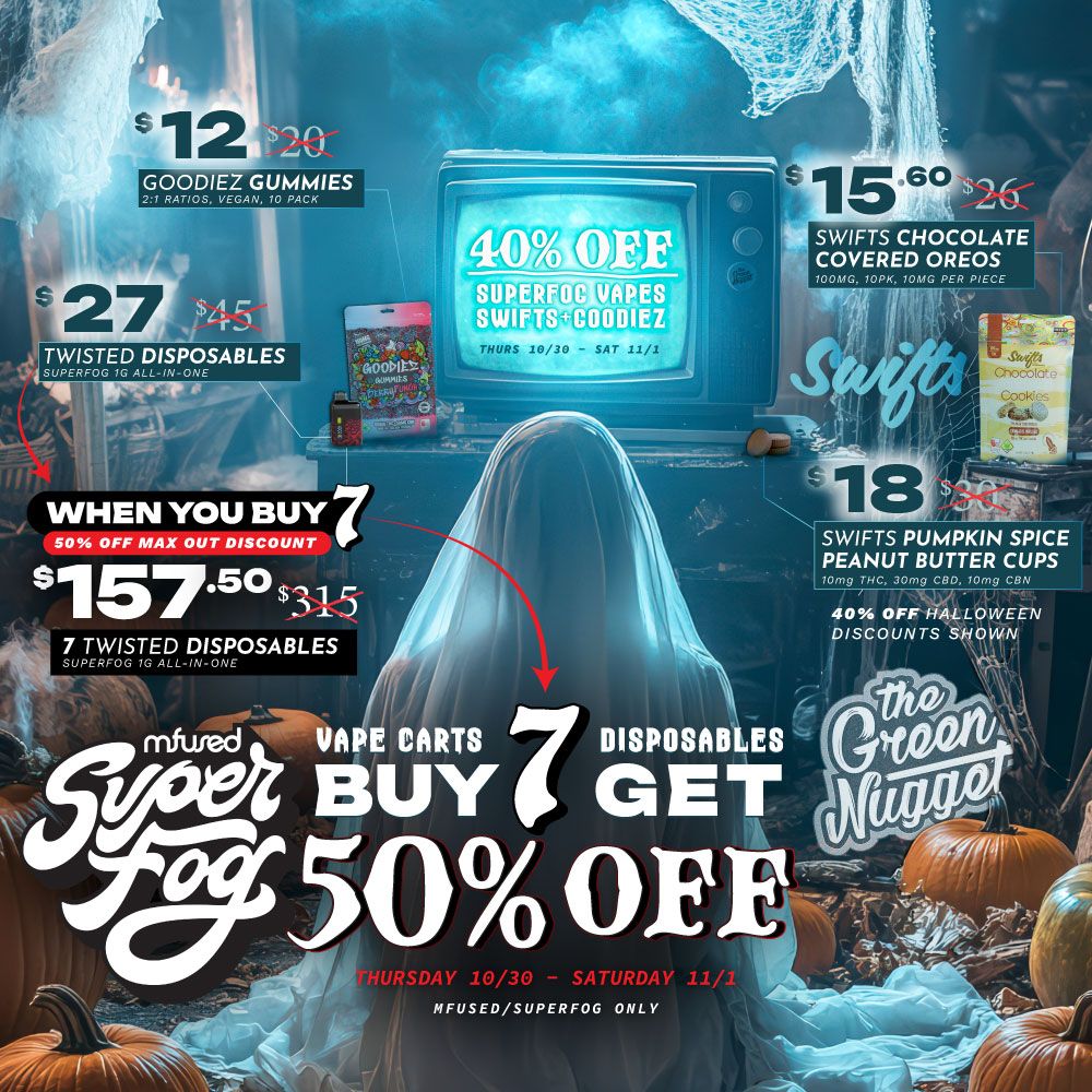 Halloween Halloweed weed store pot shop dispensary open now recreational medical cannabis thc cbd super fog mfused superfog disposable vape cart spokane ounces pullman live resin rso trick or treat open late