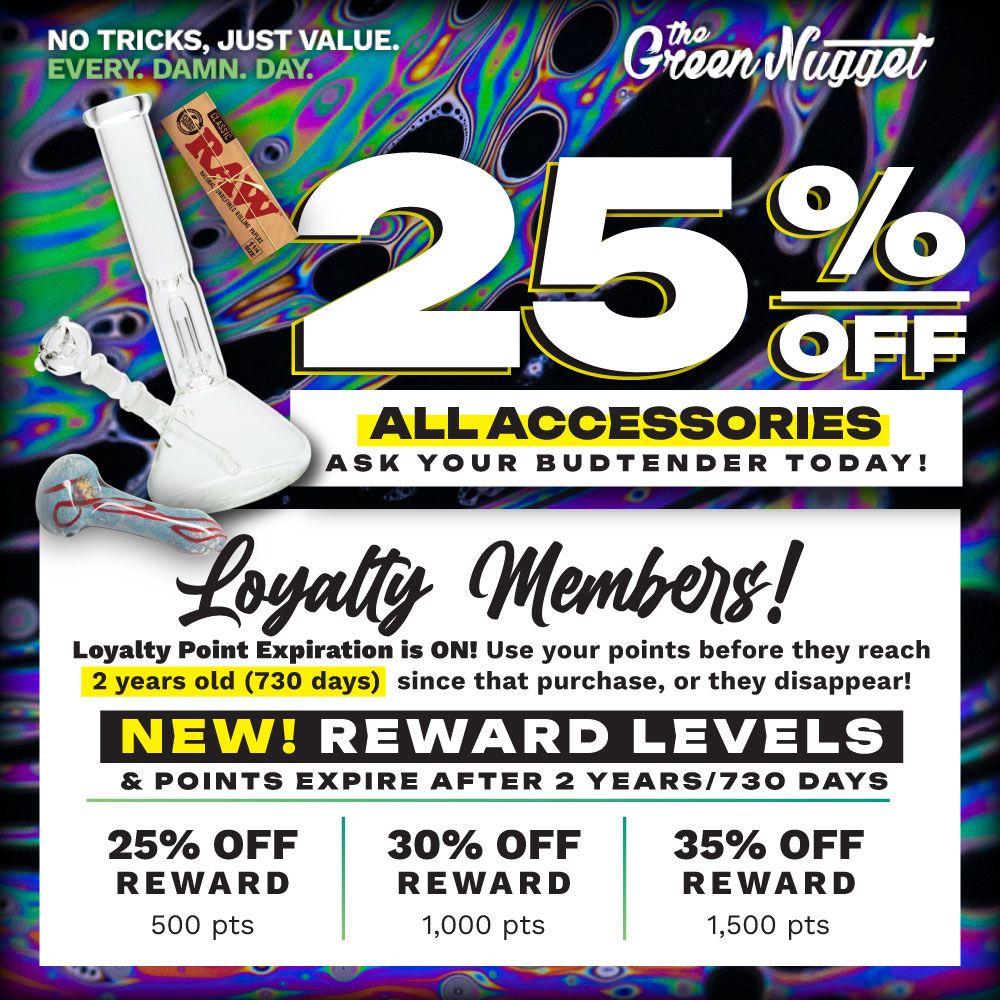 The Green Nugget Dispensary Cannabis Marijuana Pot Store Weed Shop Open Now Near Me Spokane Mead Pullman Ounces Live Resin RSO Disposable Battery Accessories Sale Loyalty Points Earn Save Support Local Smoke Local