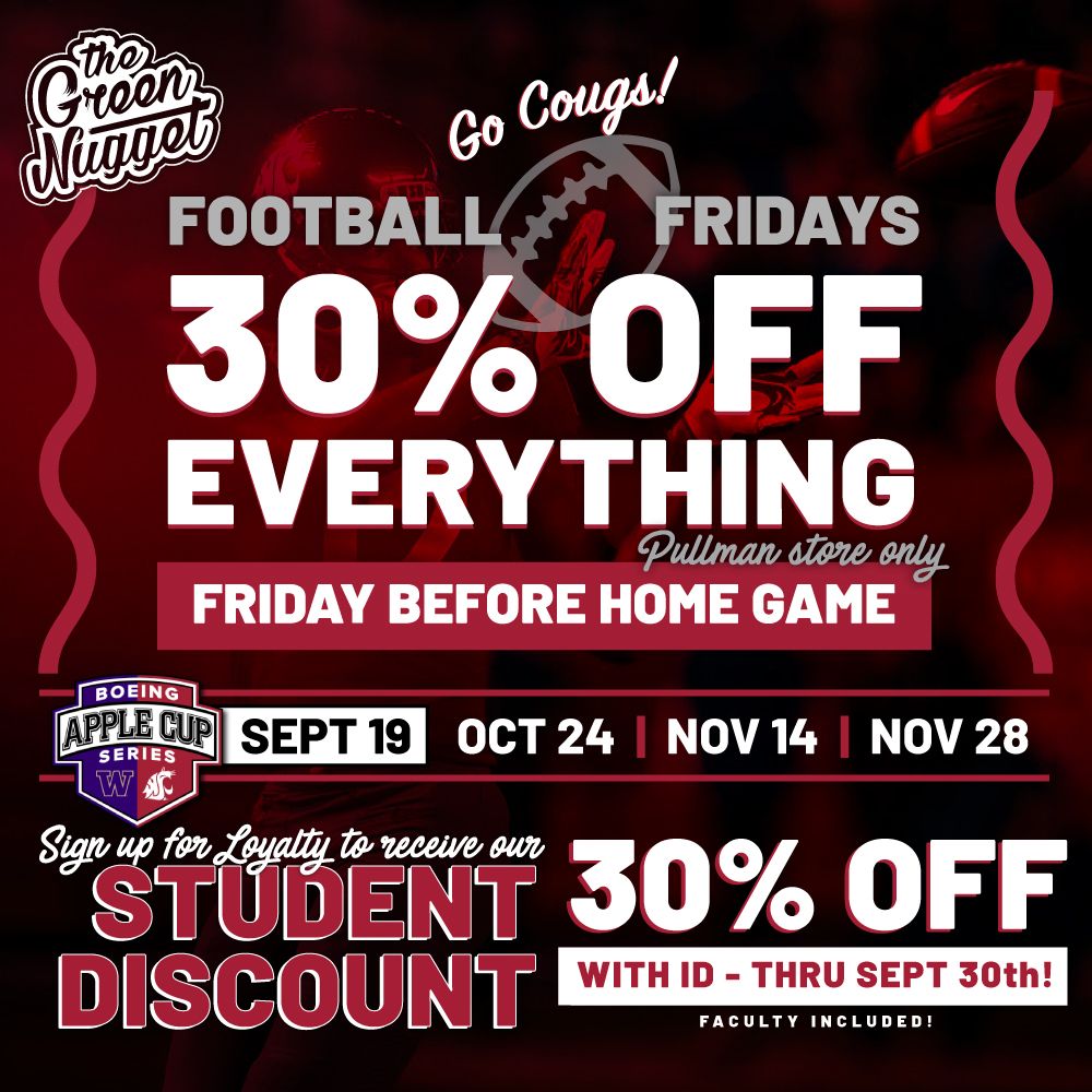 WSU Pullman Go Cougs Cougars Washington State University Apple Cup Cannabis Marijuana Store Game Day Tailgate Specials Savings Discounts Disposable Vape THC CBD Live Resin Cartridges Student Dispensary Open now Pot Store Weed Shop Near Me