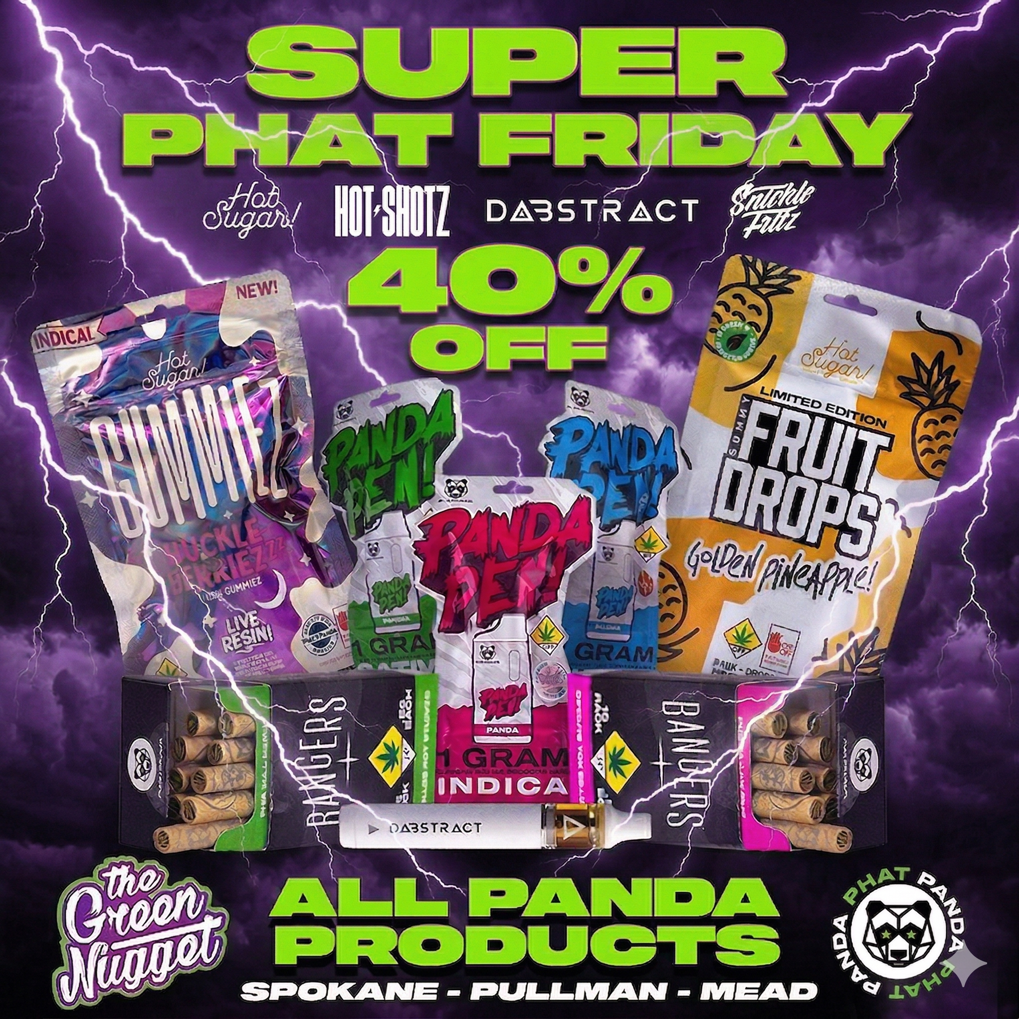 The Green Nugget Dispensary Pot Store Weed Shop Open Now Near Me Spokane Pullman Mead North Ounces Phat Panda Flower Cannabis Marijuana THC Vape Live Resin Disposable Battery RSO Flower Buds Hybrid Sativa Indica Discount Sale Dabstract Hot Sugar Edibles CBN CBG Medical