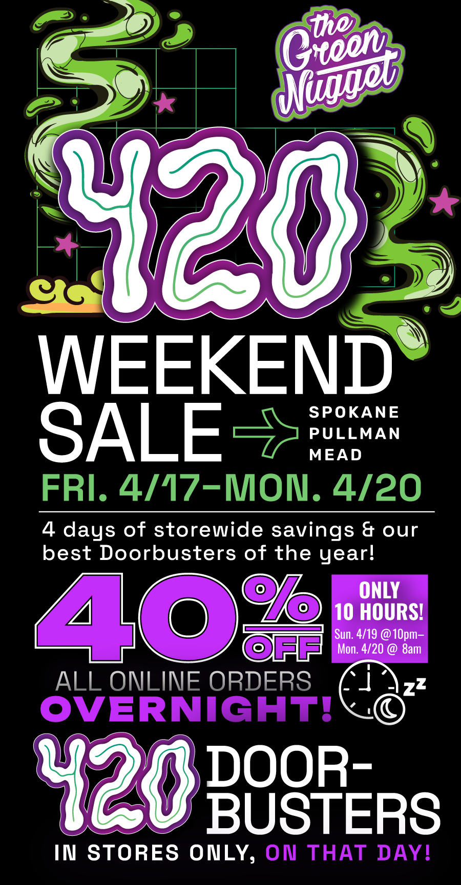 420 door buster doorbusters sale sales discount cannabis marijuana thc cbd dispensary medical recreational overnight sale 420 smoke weed pot shop open now near me