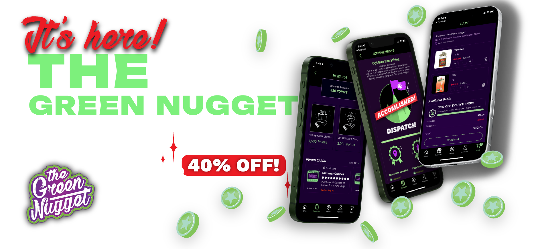 App the green nugget loyalty order online in store application google play android apple store iphone game spin the wheel earn points bonus specials deals mission badge weed pot cannabis marijuana thc cbd hybrid sativa indica spokane pullman mead newport