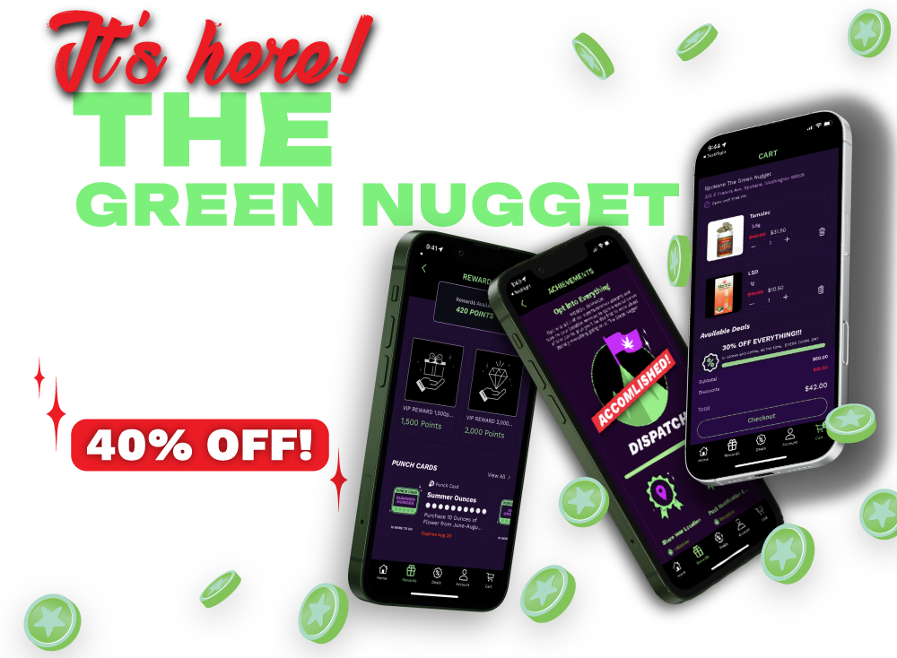 App the green nugget loyalty order online in store application google play android apple store iphone game spin the wheel earn points bonus specials deals mission badge weed pot cannabis marijuana thc cbd hybrid sativa indica spokane pullman mead newport
