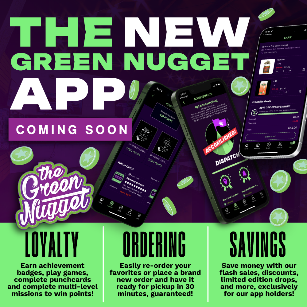 App the green nugget loyalty order online in store application google play android apple store iphone game spin the wheel earn points bonus specials deals mission badge weed pot cannabis marijuana thc cbd hybrid sativa indica spokane pullman mead newport