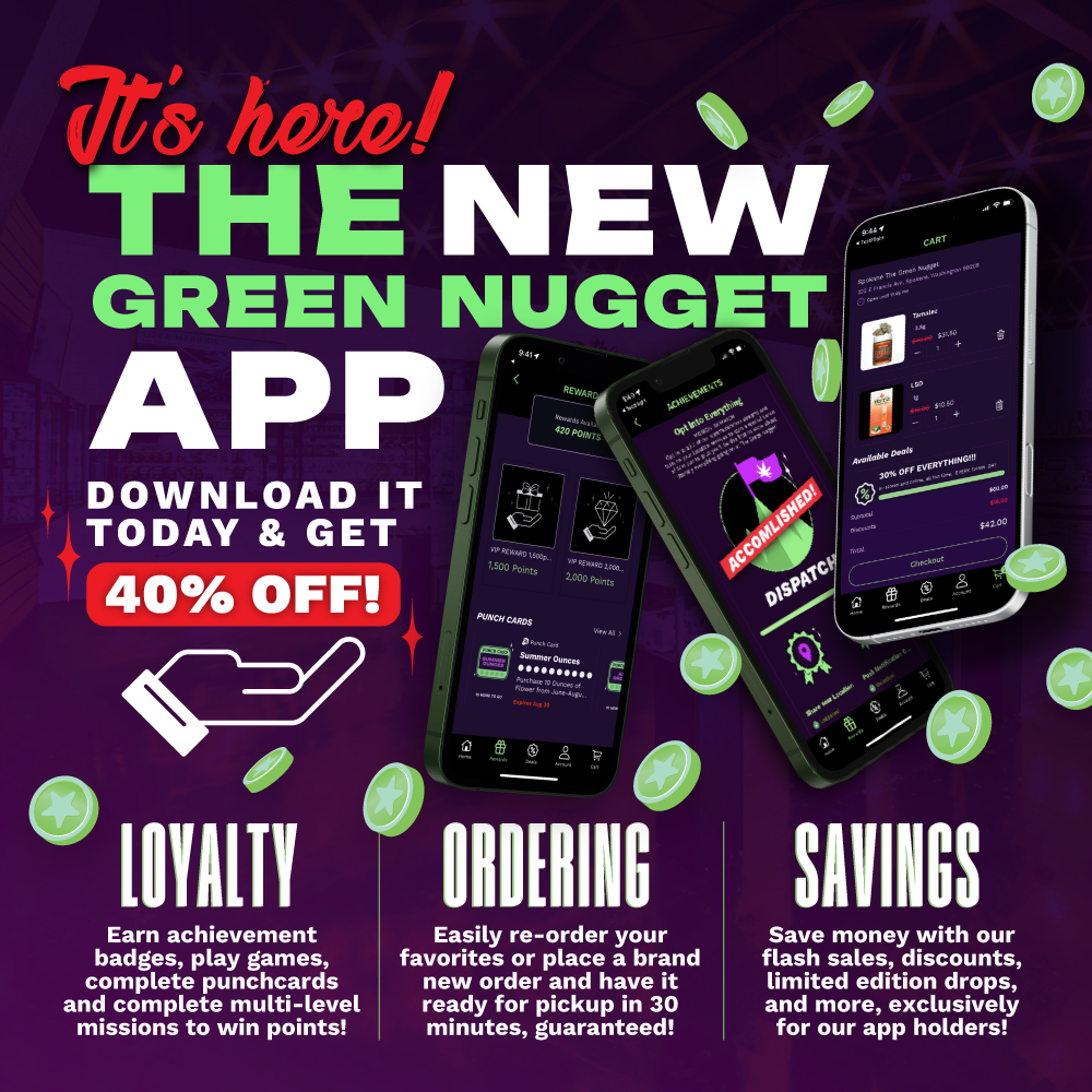 App the green nugget loyalty order online in store application google play android apple store iphone game spin the wheel earn points bonus specials deals mission badge weed pot cannabis marijuana thc cbd hybrid sativa indica spokane pullman mead newport