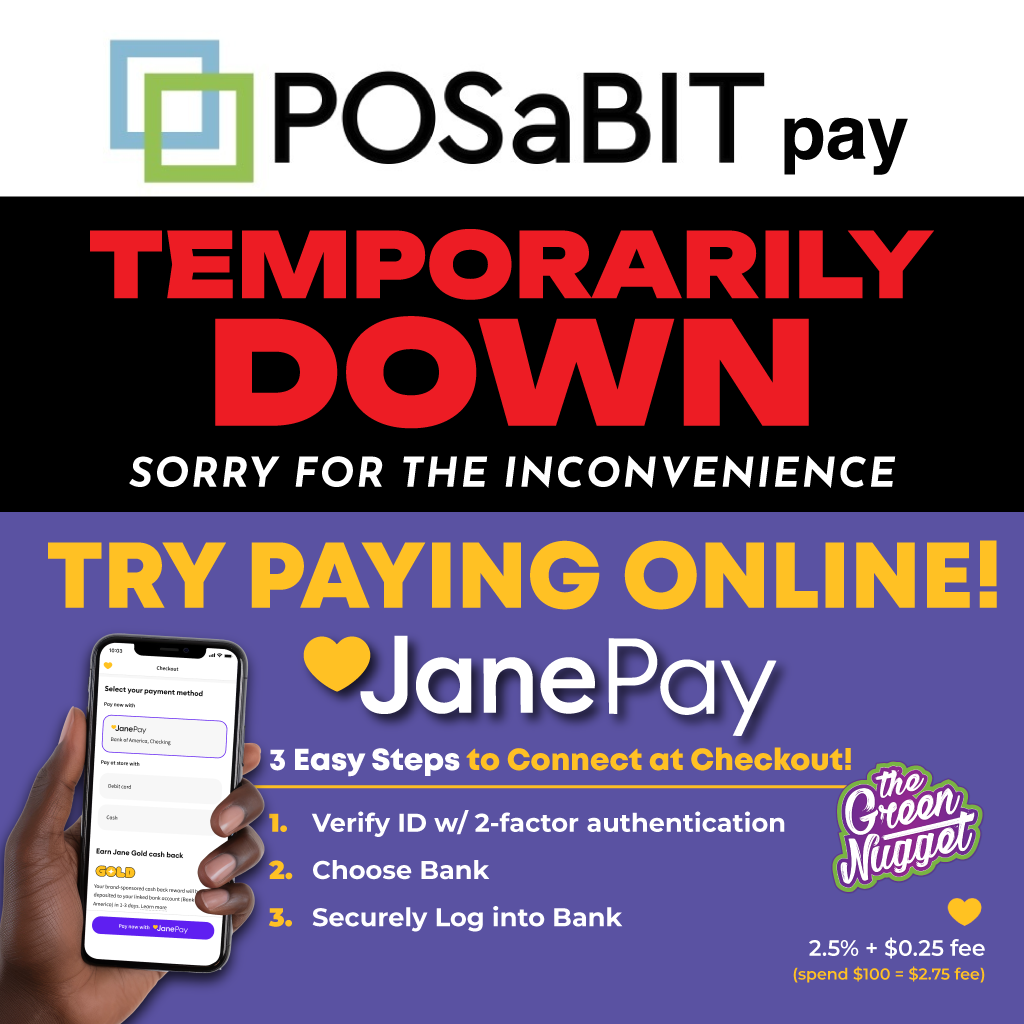 POSaBIT pos a bit pay online payment jane order cannabis marijuana the green nugget debit plaid ach bank pay prepay