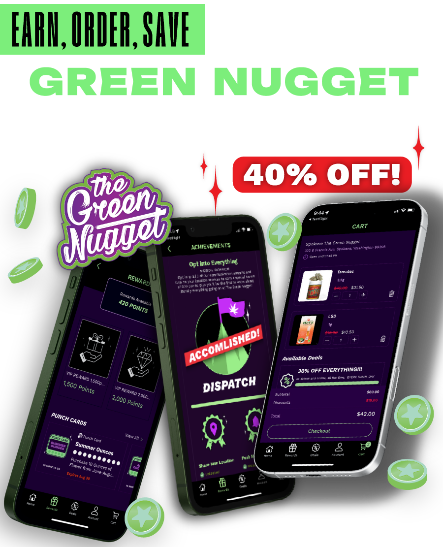 App the green nugget loyalty order online in store application google play android apple store iphone game spin the wheel earn points bonus specials deals mission badge weed pot cannabis marijuana thc cbd hybrid sativa indica spokane pullman mead newport