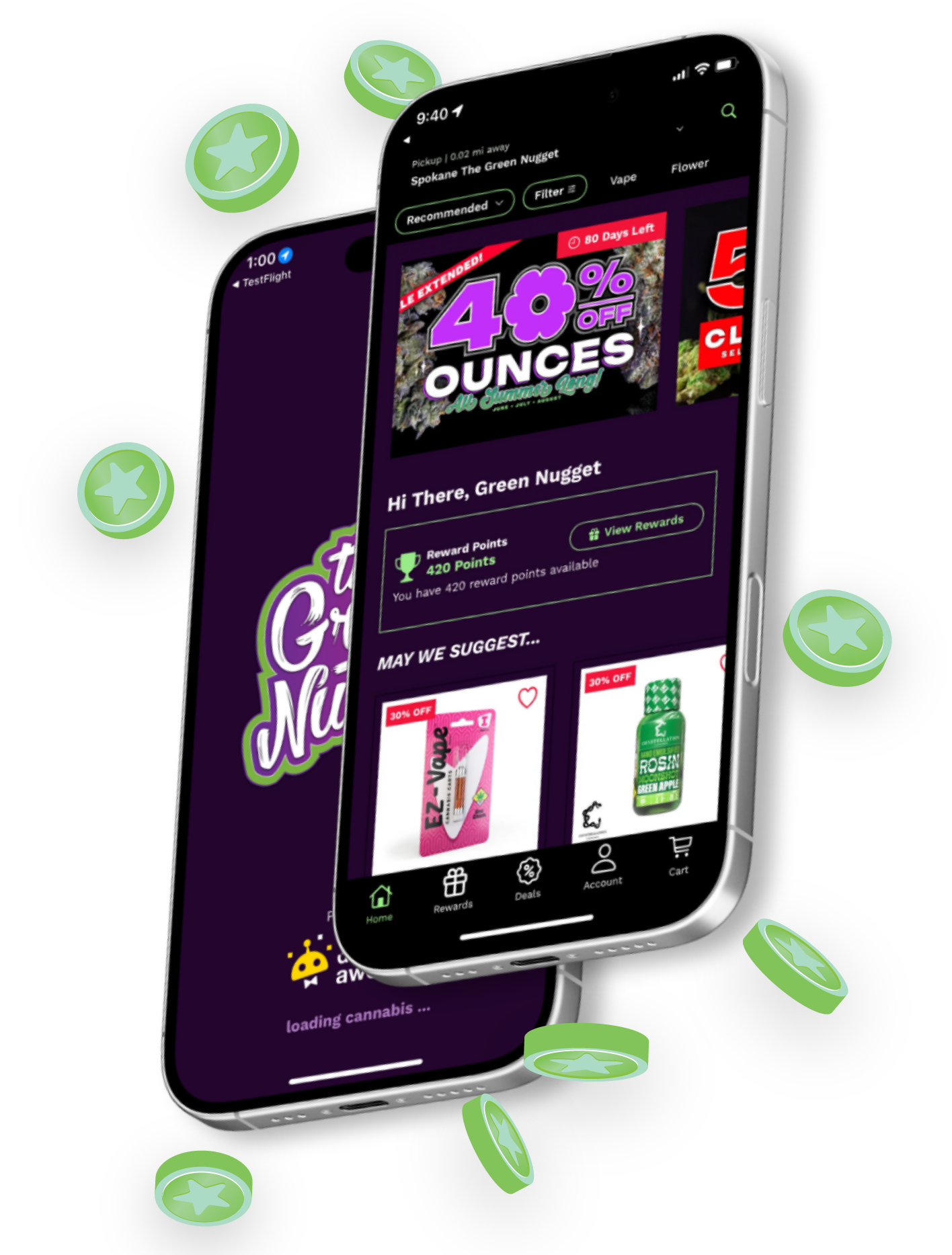 App the green nugget loyalty order online in store application google play android apple store iphone game spin the wheel earn points bonus specials deals mission badge weed pot cannabis marijuana thc cbd hybrid sativa indica spokane pullman mead newport