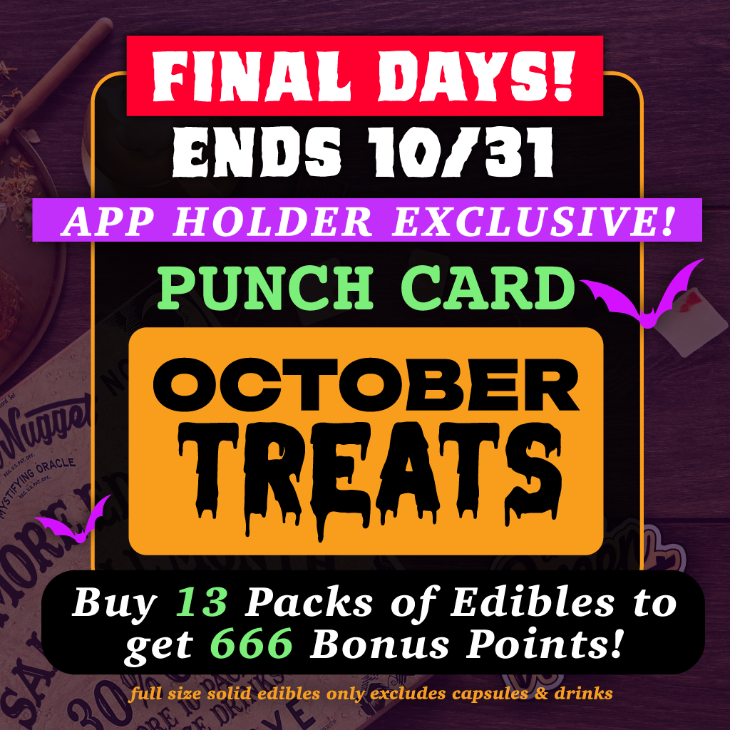 App punch card punchcard earn points loyalty cannabis marijuana pot store weed shop near me edibles the green nugget google play android apple iphone october treats tricks halloween special deal